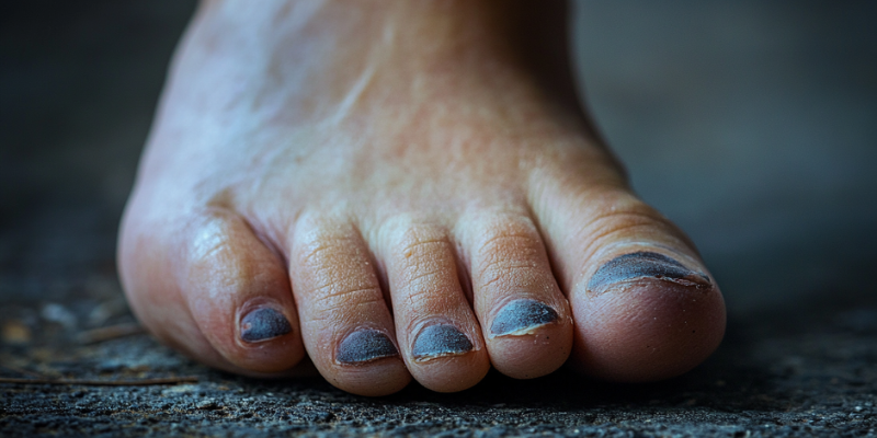 Een close-up afbeelding van een blauwe nagel op een vinger.