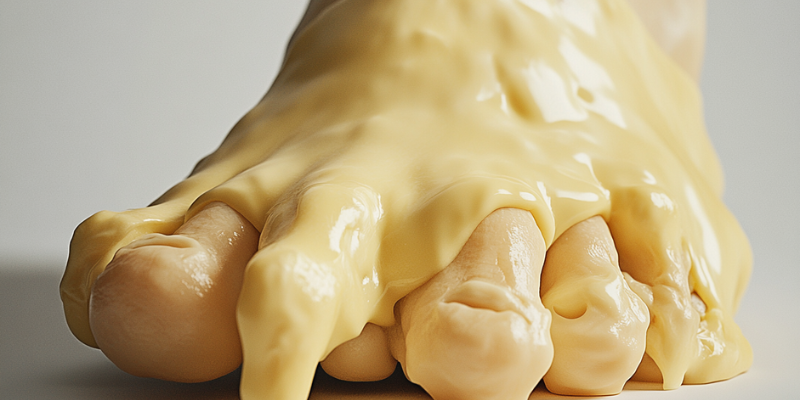 Illustratie van een paar voeten met een schimmelinfectie, tinea pedis, wat tenenkaas veroorzaken